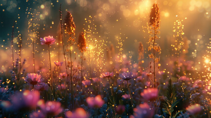 Obraz premium Field of wild flowers, mystical foggy morning