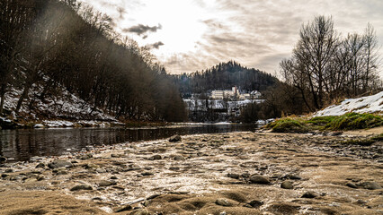 Winter landscape in the Poprad Landscape Park in Beskid Sadecki on a sunny,december day.