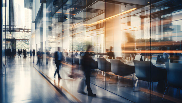 Company employee walking in business workplace in blurred motion silhouette