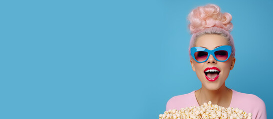 Happy Smiling Young woman with popcorn, blonde hair, blue sunglasses, retro style make up concept, blue background, wide banner, copy space