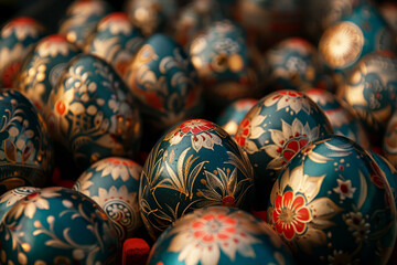Fototapeta na wymiar An ornate Easter egg with golden floral designs stands out among a collection of decorated eggs..