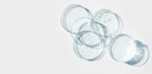 Petri dish, gel, flask, crystallization bowl. Test tubes, Laboratory. View from above. Medicine,...