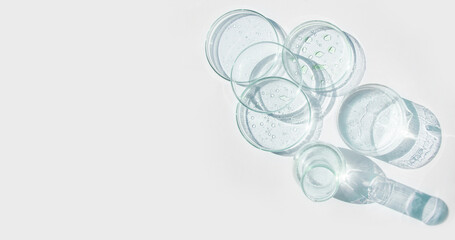 Petri dish, gel, flask, crystallization bowl. Test tubes, Laboratory. View from above. Medicine,...