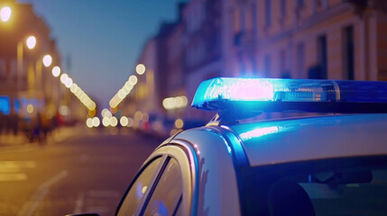 Police blinkers close-up, evening city street in the background