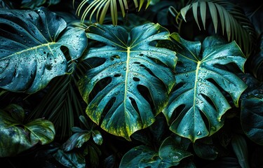 Fototapeta na wymiar background of dark green tropical leaves, monstera, palm.