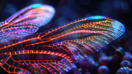 Multi-colored glowing psychedelic dragonfly wing close-up, macro image