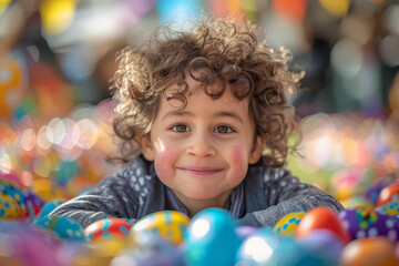 Fototapeta na wymiar A curly-haired child lies amongst a multitude of colorful Easter eggs, his joyous smile radiating happiness..