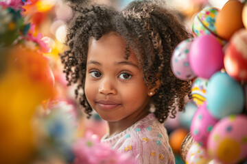 Fototapeta na wymiar A curly-haired child lies amongst a multitude of colorful Easter eggs, his joyous smile radiating happiness..