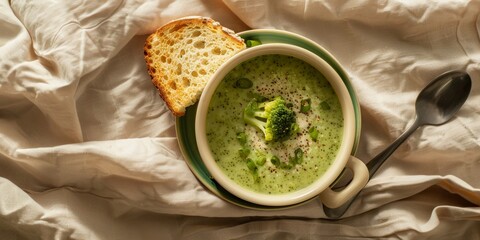 Vegetarian Creamy Broccoli Soup with Toasted Bread. Serve cream soup in a tureen on a linen tablecloth. Delicious healthy broccoli soup to improve digestion. Healthy nutritious food concept. - obrazy, fototapety, plakaty