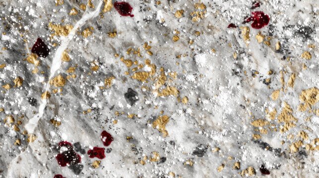 a close up of a snow covered surface with red and gold sprinkles and a black object in the middle of the picture.