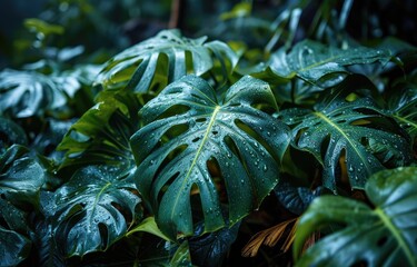 Fototapeta premium background of dark green tropical leaves, monstera, palm.