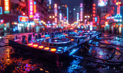Dj mixer with headphones at nightclub at night