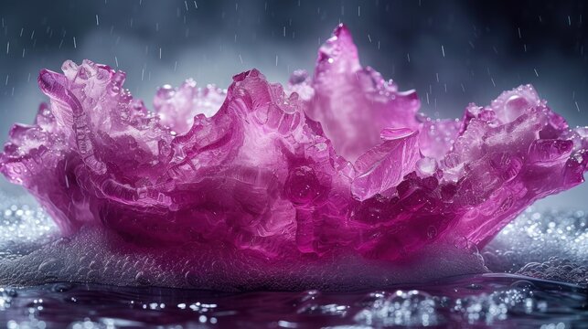 A Pink Piece Of Glass Sitting On Top Of A Puddle Of Water Next To A Purple Object With Drops Of Water On It.