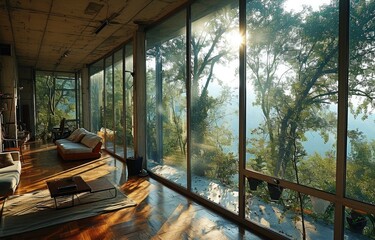 Beautiful interior modern forest house, sofa, mirror, nice scene, minimalistic design