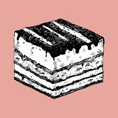 Tiramisu. Piece of sweet homemade cake, hand drawn sketch, vector illustration  - 755007563
