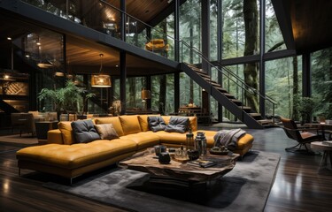 Fototapeta na wymiar Beautiful interior modern forest house, sofa, mirror, nice scene, minimalistic design
