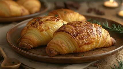 a couple of croissants sitting on top of a wooden plate next to a plate of other croissants.