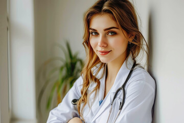 Smiling young female doctor intern in a lab coat with a stethoscope, crossing her arms and looking at the camera
