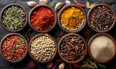 Colorful aromatic Indian spices and herbs on dark background