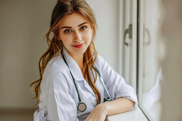 Smiling young female doctor in a lab coat with a stethoscope leans her hand on the window sill and looks at the camera