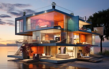 Obraz premium Beautiful modern beach house, minimalistic design, Beach luxury living on Sea view