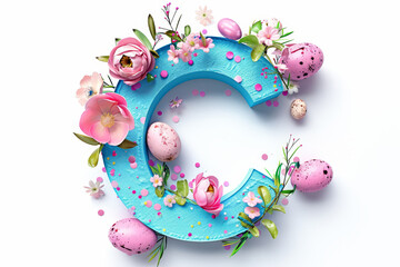 Colorful Easter-themed 3D illustration of the letter with flowers and eggs.