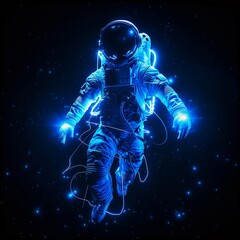 the 3D Astronaut is formed by blue light. In the background in black color. Stylish in the style of light painting