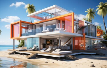 Beautiful modern beach house, minimalistic design, Beach luxury living on Sea view
