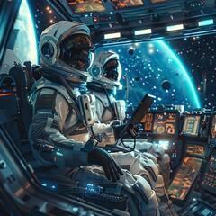 Fototapeta premium Space tourists learning from robotic guides