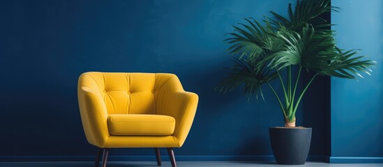 A stylish yellow armchair is positioned in front of a blue wall, with a potted plant placed beside it. The armchair stands out against the vibrant background,