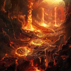 Devil counting Bitcoins in a fiery hell