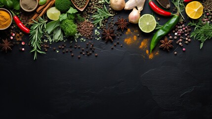 Selection of spices herbs and greens, ingredients for cooking over dark background - 755008788
