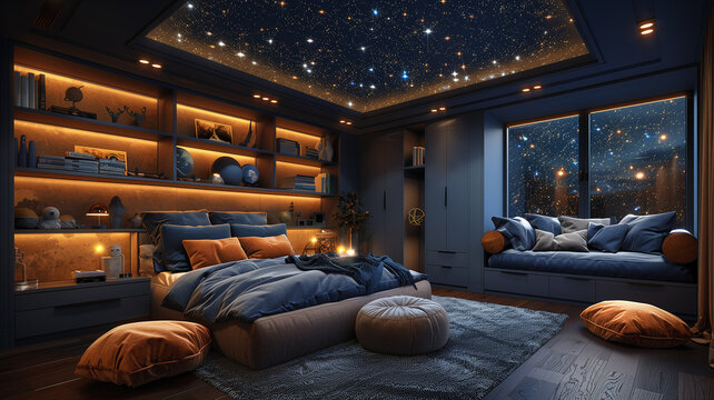 Dark hues create a cozy atmosphere, while the starry ceiling adds magic