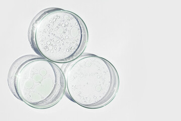 Petri dish. Petri cups with liquid. Kit. Chemical elements, oil, cosmetics. Gel, water, molecules, viruses. Close-up. On a white background.