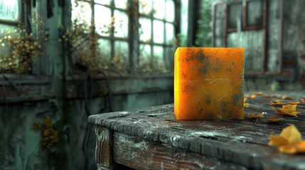 an orange block of soap sitting on top of a wooden table in a room with lots of windows and plants.