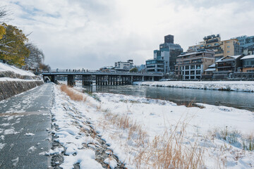 京都 鴨川の雪景色