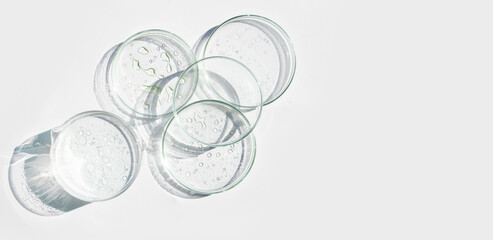 Petri dish, gel, flask, crystallization bowl. Test tubes, Laboratory. View from above. Medicine, gel texture, white, pipette, samples, research. Material collection. Glass baguette.