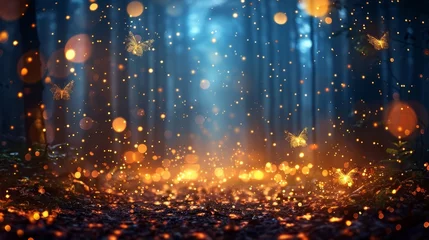 Selbstklebende Fototapeten Mystical night in the woods, fireflies glowing like stars, casting a spell of beauty and awe. © tonstock