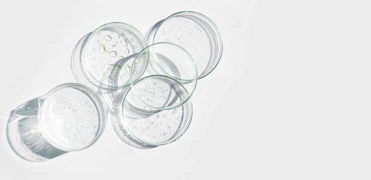 Petri dish, gel, flask, crystallization bowl. Test tubes, Laboratory. View from above. Medicine, gel texture, white, pipette, samples, research. Material collection. Glass baguette.
