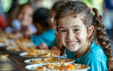 Children chatter and laugh as they enjoy their lunch break in the school cafeteria.