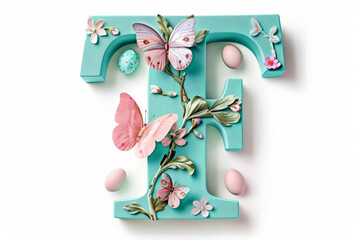 Colorful Easter-themed 3D illustration of the letter with flowers and eggs.