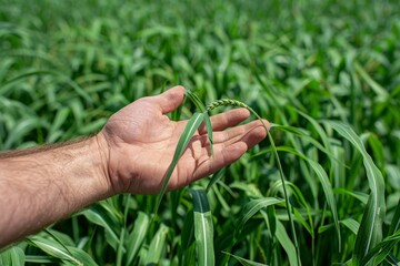 Farmer gently caresses the tender wheat sprouts, embracing eco-friendly practices in agriculture for a sustainable future.