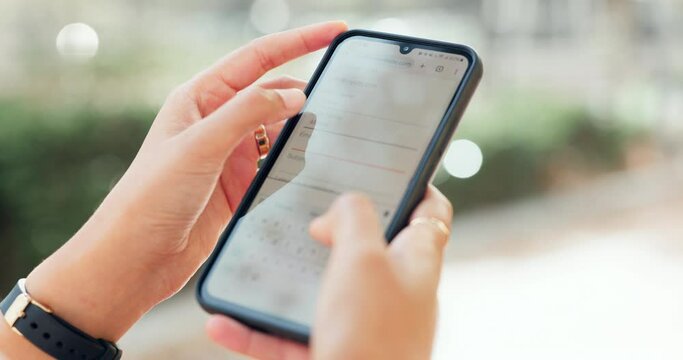 Volunteer, phone screen or hands on app, sign up or application, search or registration. Smartphone, website or woman outdoor for closeup volunteering research for charity, ngo or community service