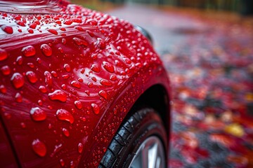 Rain droplets cling to the sleek surface of a car in a downpour, creating a glistening sheen.
