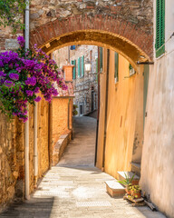 Scenic sight in the village of Campiglia Marittima, on a sunny summer afternoon. In the Province of Livorno, in the Tuscany region of Italy. - obrazy, fototapety, plakaty