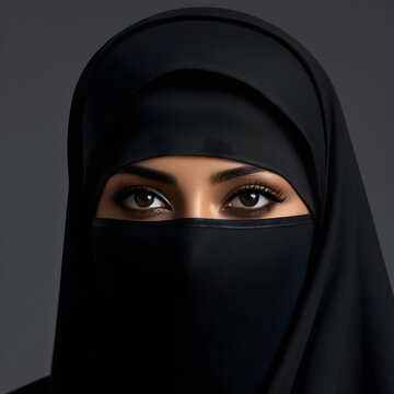 Portrait of a Muslim woman in hijab. Expressive eyes, closed face.