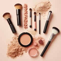 A collection of makeup brushes and powders on a table. Image created by AI