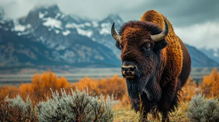 Foto op Plexiglas Tetongebergte Bison in front of Grand Teton Mountain range with grass in foreground, Wildlife Photograph