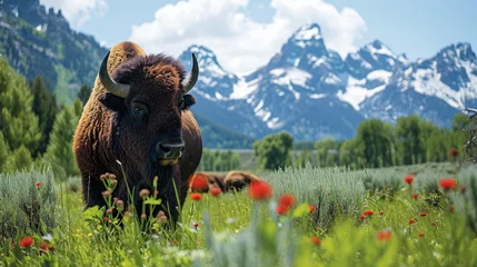 Fotobehang Tetongebergte Bison in front of Grand Teton Mountain range with grass in foreground, Wildlife Photograph
