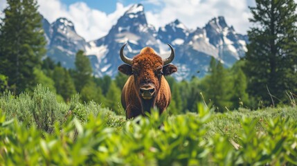 Bison in front of Grand Teton Mountain range with grass in foreground, Wildlife Photograph - obrazy, fototapety, plakaty